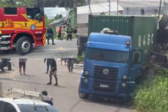 Acidente com carreta colide em residência no bairro Cidade Nova, com presença do Corpo de Bombeiros.