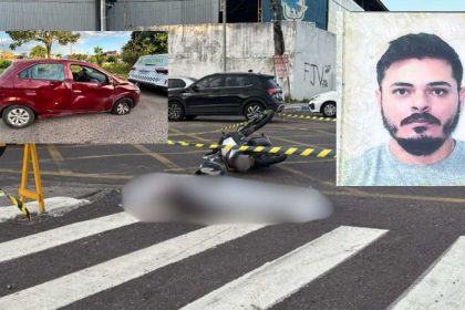 Acidente de trânsito com carro vermelho e moto, com corpo no chão e foto de homem.