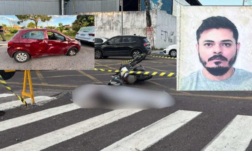 Acidente de trânsito com carro vermelho e moto, com corpo no chão e foto de homem.