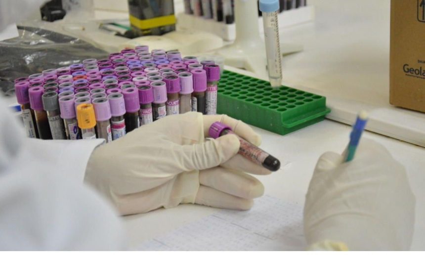Amostras de sangue em laboratório, com profissional usando luvas e anotando dados.