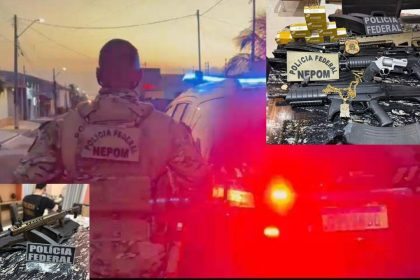 Apreensão de armas e outros itens da Polícia Federal em operação contra garimpo ilegal.