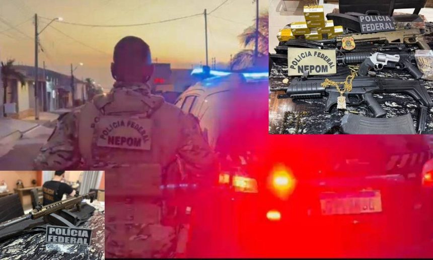 Apreensão de armas e outros itens da Polícia Federal em operação contra garimpo ilegal.