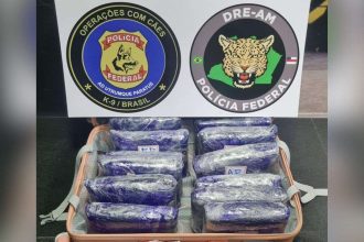 Apreensão de maconha em aeroporto pela Polícia Federal: drogas embaladas e símbolos da polícia.