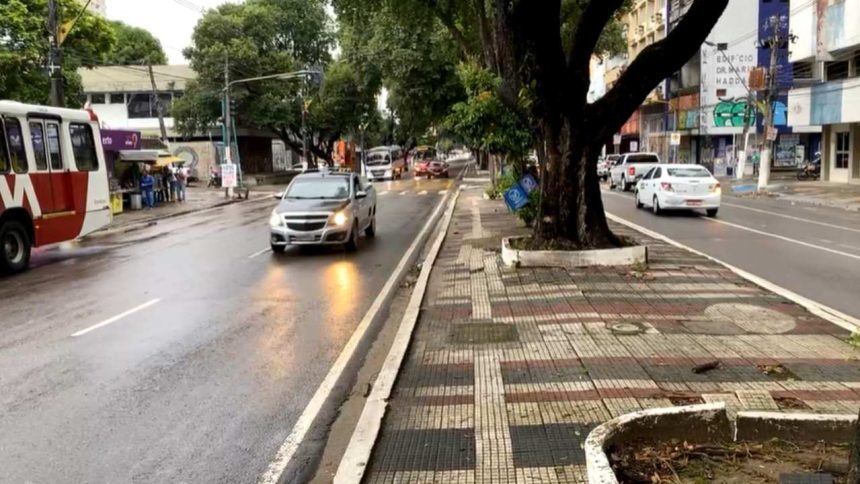 Avenida Getúlio Vargas com carros e ônibus em via molhada.