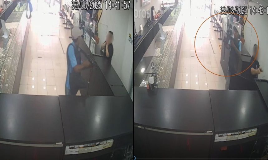 Câmeras de segurança registram assalto à relojoaria no centro de Manaus. Ladrões armados invadem o local.
