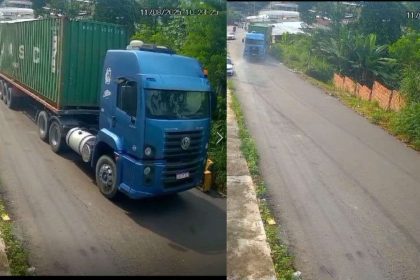 Carreta azul perde o controle e invade residência na rua Vasco Ataíde, mostrando o acidente em vídeo.