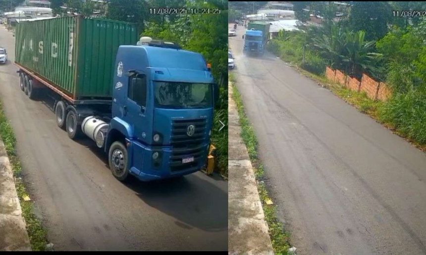 Carreta azul perde o controle e invade residência na rua Vasco Ataíde, mostrando o acidente em vídeo.