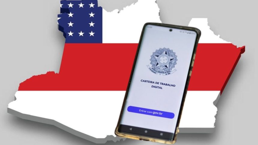 Celular com aplicativo Carteira de Trabalho Digital sobre mapa do Amazonas com bandeira para falar sobre postos de trabalho
