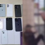 Celulares apreendidos em operação policial, lado a lado com imagem borrada de homem.