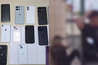 Celulares apreendidos em operação policial, lado a lado com imagem borrada de homem.