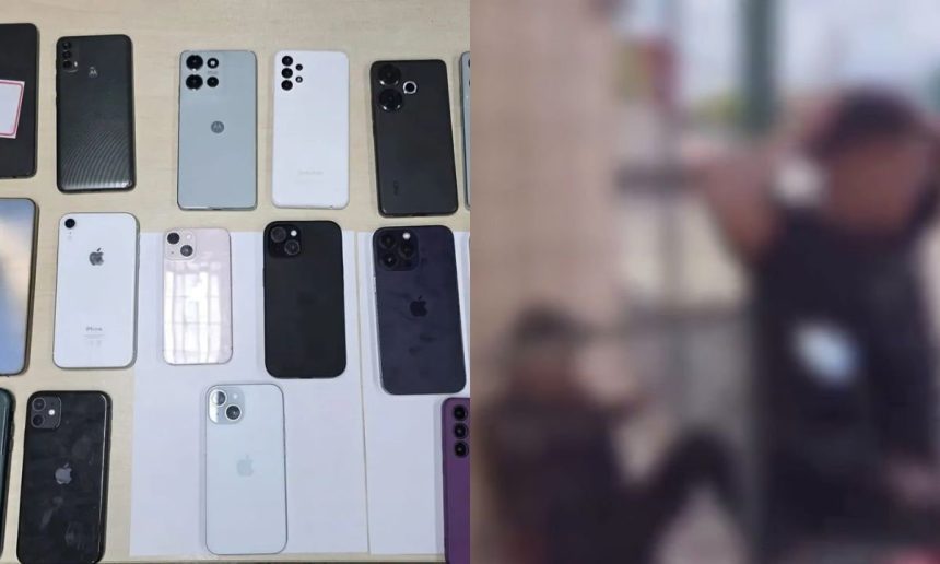 Celulares apreendidos em operação policial, lado a lado com imagem borrada de homem.