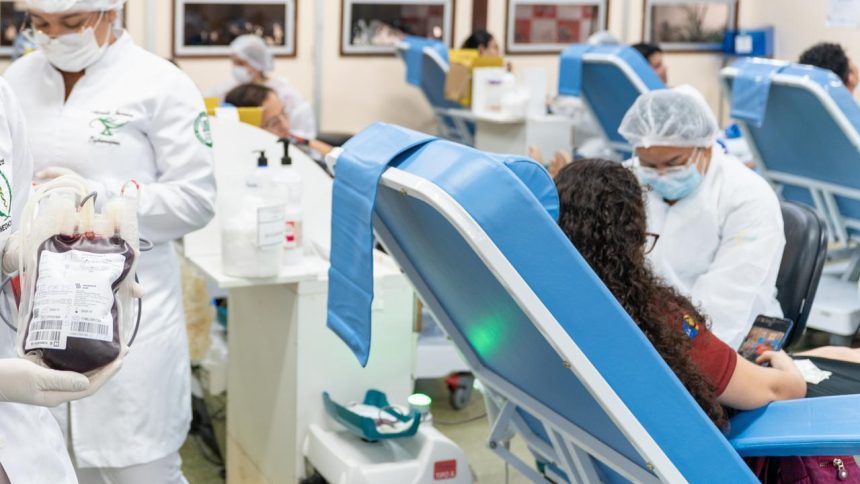Coleta de sangue em Manaus, com profissional segurando bolsa de sangue e pessoas doando.
