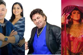 Conjunto de fotos de três pessoas: um homem com camisa jeans, outro homem com terno e uma mulher com um chapéu.