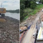 Construção de estrada em Curuçá, Amazonas, com máquinas pesadas e balsas.