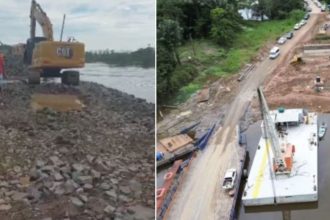 Construção de estrada em Curuçá, Amazonas, com máquinas pesadas e balsas.