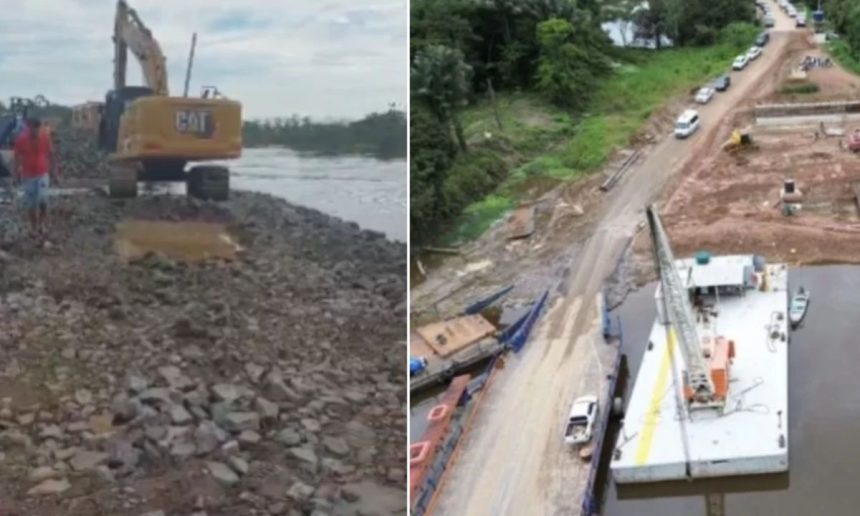 Construção de estrada em Curuçá, Amazonas, com máquinas pesadas e balsas.