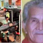 Corpo de idoso sendo removido por agentes, com foto do rosto e suspeita de assassinato pela neta.