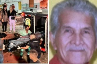 Corpo de idoso sendo removido por agentes, com foto do rosto e suspeita de assassinato pela neta.