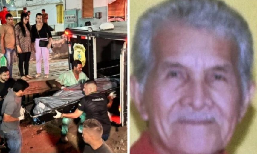 Corpo de idoso sendo removido por agentes, com foto do rosto e suspeita de assassinato pela neta.