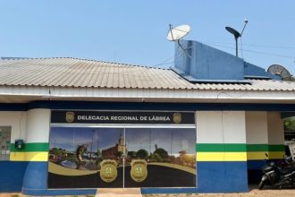 Delegacia Regional de Lábrea com painel ilustrativo.