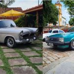 Dois carros antigos, um cinza e um verde, em exposição gratuita no Centro de Manaus.