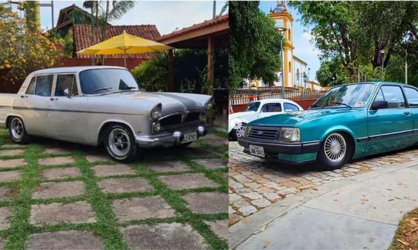 Dois carros antigos, um cinza e um verde, em exposição gratuita no Centro de Manaus.