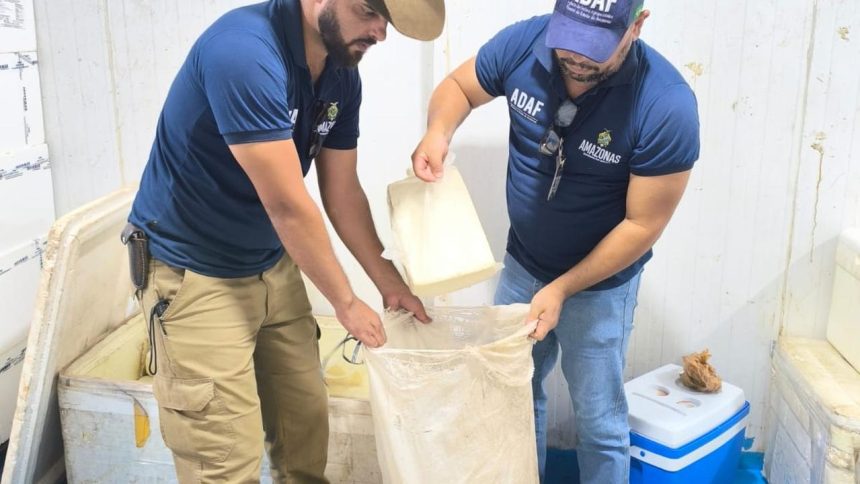 Dois homens em Parintis transferindo um bloco de produto embalado para um saco grande dentro de uma sala.