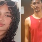 Duas pessoas em fotos lado a lado. Uma mulher com óculos de sol e um homem segurando um celular.