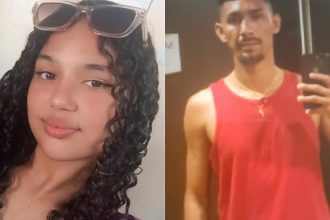 Duas pessoas em fotos lado a lado. Uma mulher com óculos de sol e um homem segurando um celular.