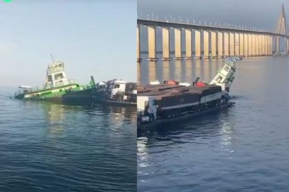 Empurrador naufragado próximo à Ponte Jornalista Phelippe Daou em Manaus.