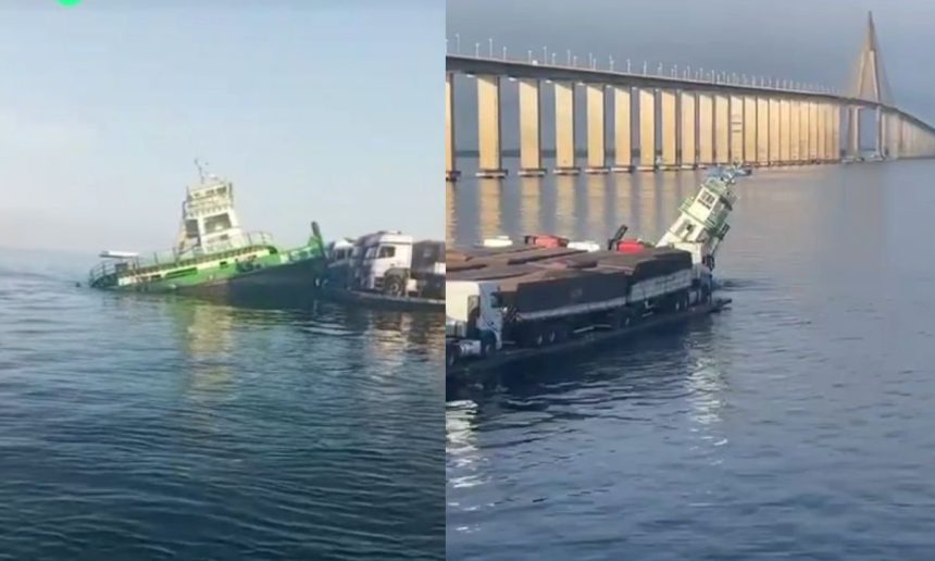 Empurrador naufragado próximo à Ponte Jornalista Phelippe Daou em Manaus.