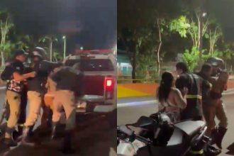 Fiscalização do Detran-AM em Compensa resulta em confusão. Policiais e pessoas envolvidas em cena noturna.