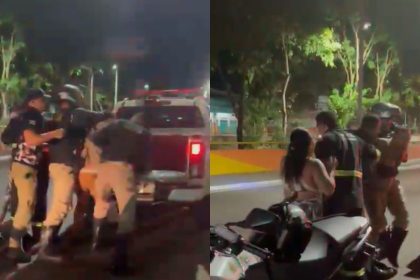 Fiscalização do Detran-AM em Compensa resulta em confusão. Policiais e pessoas envolvidas em cena noturna.