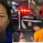 Francisca Alves Praia, 48 anos, em imagem dividida com veículo policial e multidão.