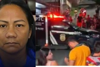 Francisca Alves Praia, 48 anos, em imagem dividida com veículo policial e multidão.