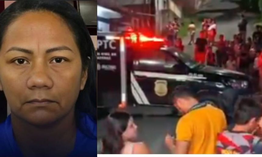 Francisca Alves Praia, 48 anos, em imagem dividida com veículo policial e multidão.