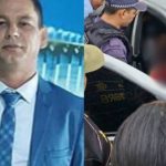 Ex-vereador em terno azul ao lado de cena policial, possivelmente investigação criminal.