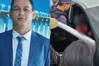 Ex-vereador em terno azul ao lado de cena policial, possivelmente investigação criminal.