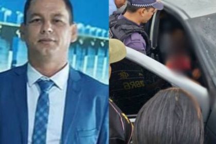 Ex-vereador em terno azul ao lado de cena policial, possivelmente investigação criminal.