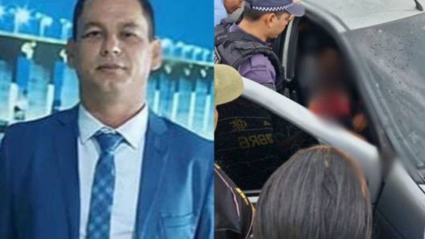 Ex-vereador em terno azul ao lado de cena policial, possivelmente investigação criminal.