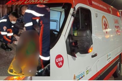 Homem ferido sendo socorrido por equipe de resgate SAMU em Manaus.