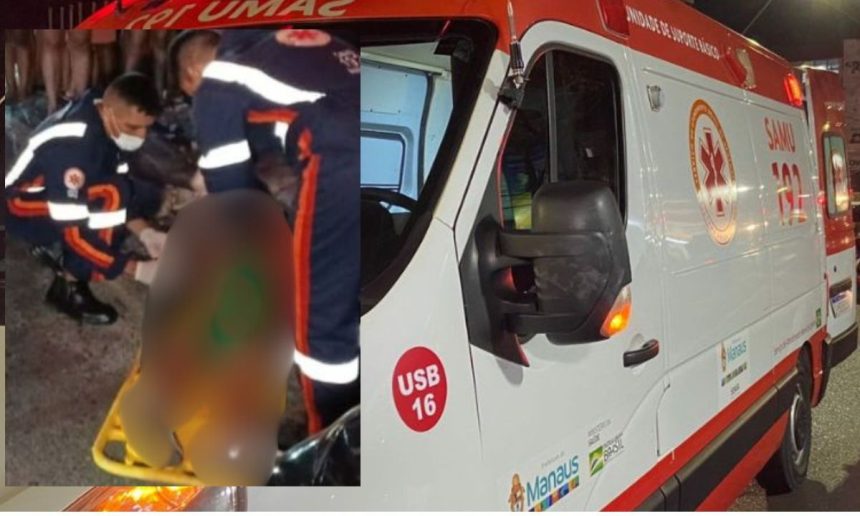 Homem ferido sendo socorrido por equipe de resgate SAMU em Manaus.