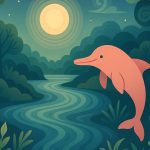 Ilustração de boto cor-de-rosa saltando em rio amazônico à noite, cercado por vegetação.