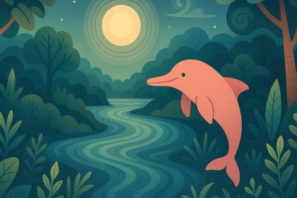 Ilustração de boto cor-de-rosa saltando em rio amazônico à noite, cercado por vegetação.