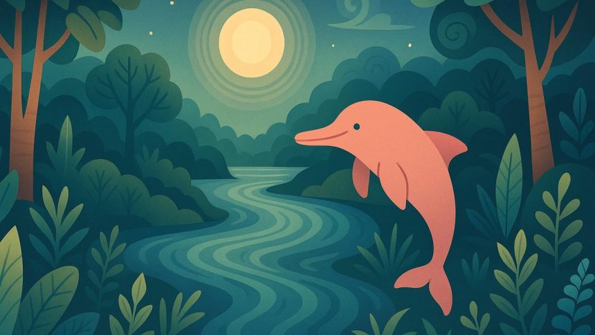 Ilustração de boto cor-de-rosa saltando em rio amazônico à noite, cercado por vegetação.