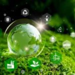 Imagem de globo terrestre verde com ícones de sustentabilidade sobre musgo, representando meio ambiente e energia renovável.