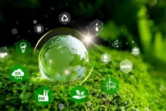 Imagem de globo terrestre verde com ícones de sustentabilidade sobre musgo, representando meio ambiente e energia renovável.