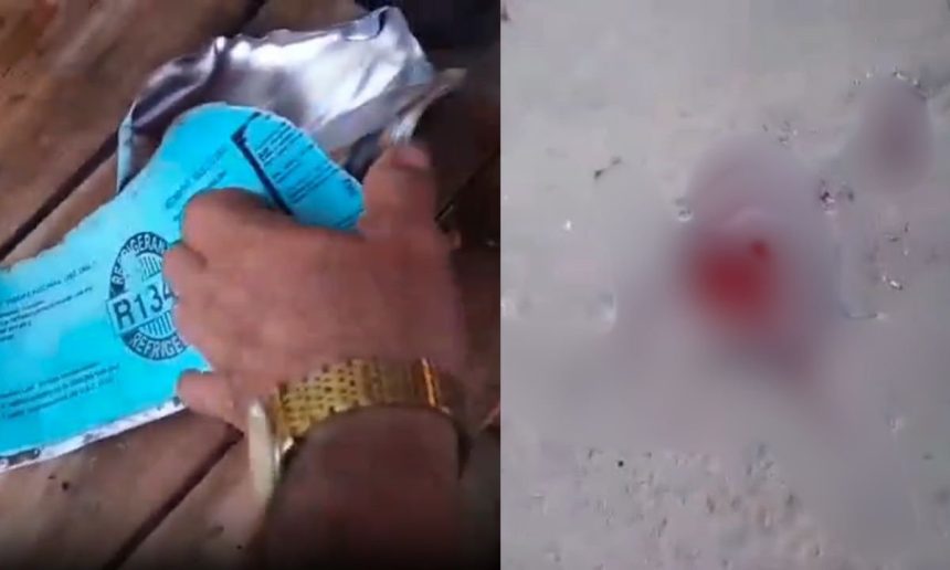 Imagem mostra homem manuseando cilindro R134a e ferimentos após explosão.