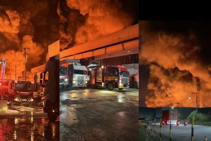 Incêndio em fábrica e galpão no Distrito Industrial II em Manaus, AM, com bombeiros e viaturas