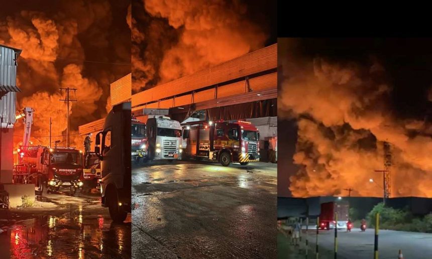 Incêndio em fábrica e galpão no Distrito Industrial II em Manaus, AM, com bombeiros e viaturas